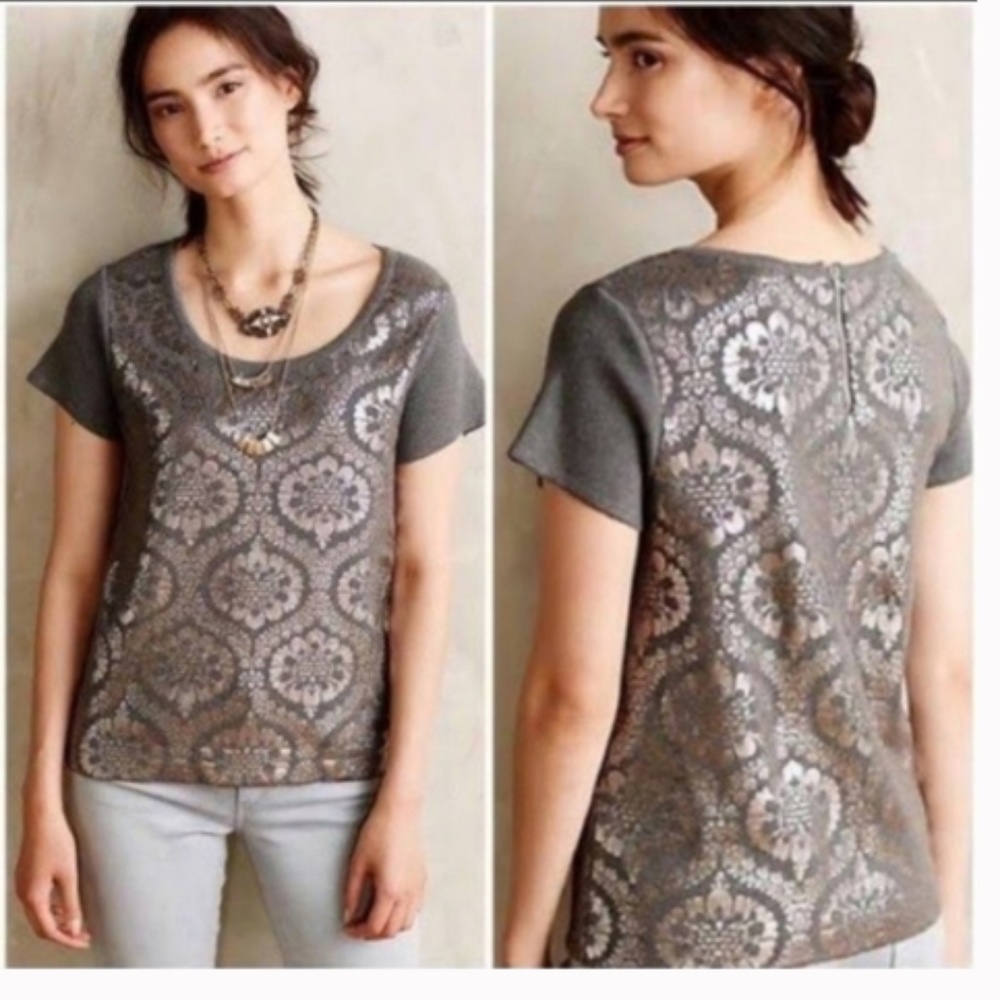 Anthropologie Moth Drawing Room Foil  Scoop Neck Sweater with Short Sleeves